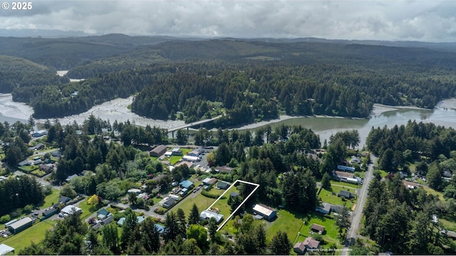 90726 Sanddollar Ln, Coos Bay, OR 97420 - aerial view of property's location with a heavily wooded area, property boundaries highlighted, and a water and mountain view