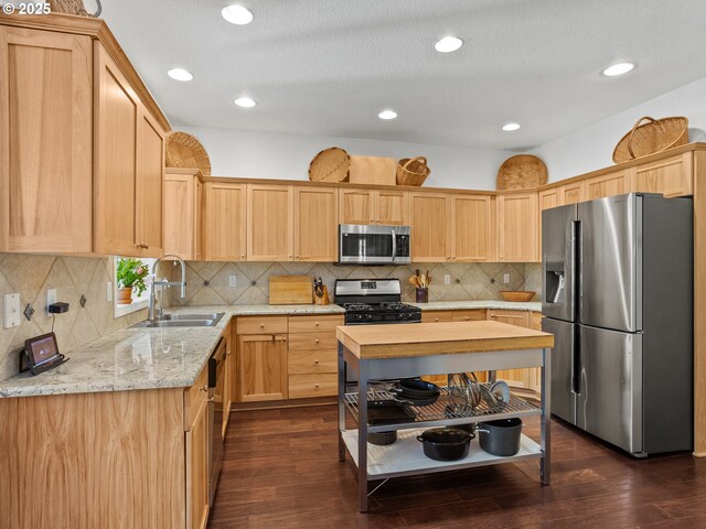 5417 N St, Washougal, WA 98671 - kitchen featuring stainless steel appliances, a sink, light brown cabinets, dark wood-type flooring, and decorative backsplash