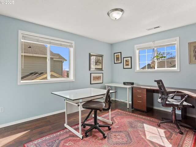 5417 N St, Washougal, WA 98671 - home office featuring healthy amount of natural light, dark wood-style flooring, and baseboards