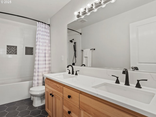 5417 N St, Washougal, WA 98671 - bathroom with double vanity, shower / bath combo, toilet, and tile patterned floors