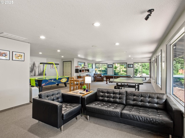 5417 N St, Washougal, WA 98671 - living area featuring pool table, recessed lighting, carpet, plenty of natural light, and a textured ceiling