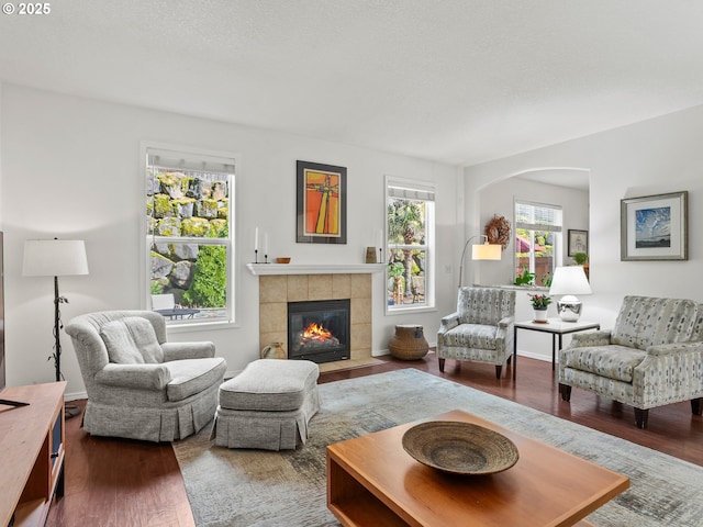 5417 N St, Washougal, WA 98671 - living area featuring wood finished floors, a tile fireplace, and arched walkways