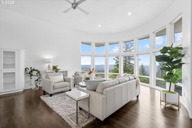 27917 NE 67th St, Camas, WA 98607 - living room with plenty of natural light, a ceiling fan, dark wood-style floors, recessed lighting, and a water view