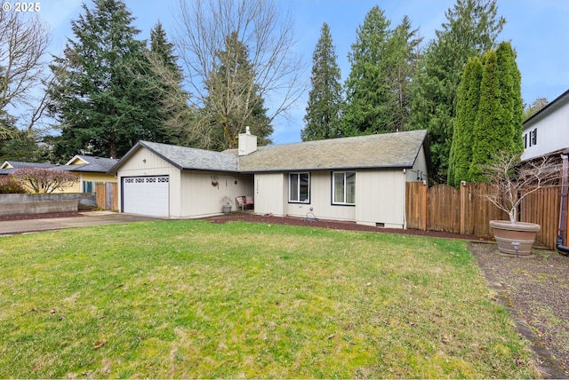 ranch-style home featuring fence, a chimney, crawl space, and a front yard