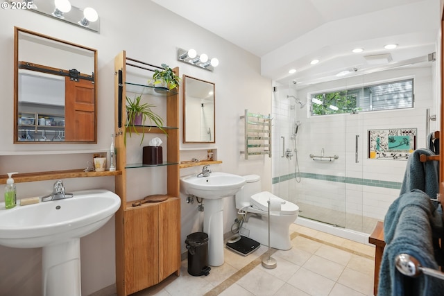 full bath with tile patterned flooring, toilet, recessed lighting, a shower stall, and visible vents