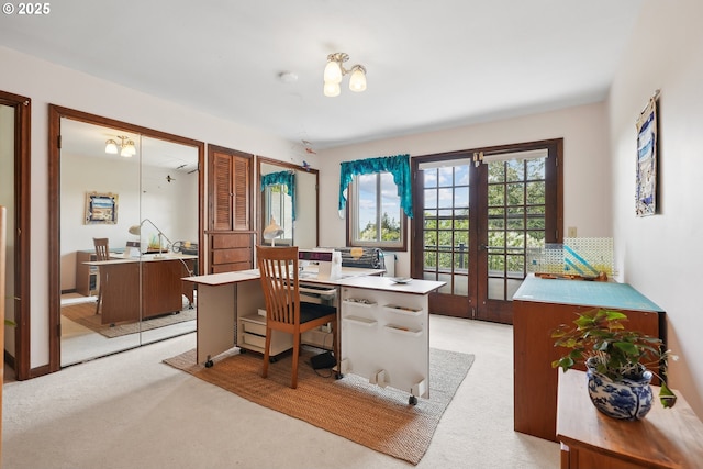 office area featuring french doors and light colored carpet