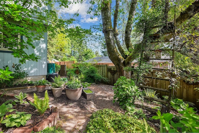 view of yard with a garden and a fenced backyard