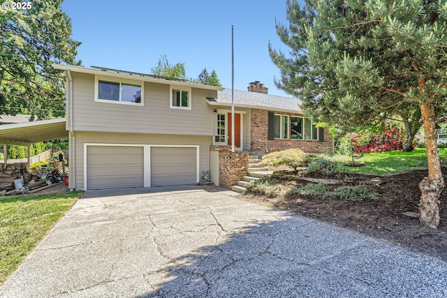 7680 SW 92nd Pl, Portland, OR 97223 - split level home with an attached garage, a chimney, driveway, and brick siding