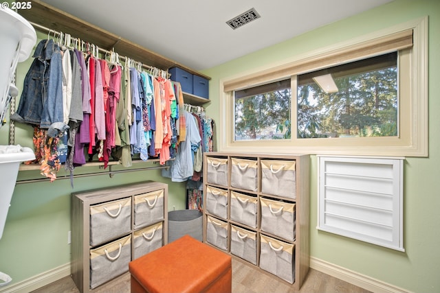 walk in closet with hardwood / wood-style flooring