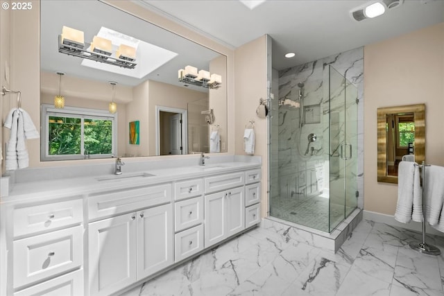 711 NW 94th Ter, Portland, OR 97229 - bathroom with a marble finish shower, double vanity, marble look tiles, and recessed lighting
