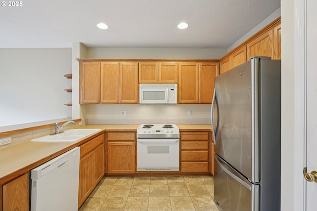 6538 NE Forest Ln, Hillsboro, OR 97124 - kitchen with white appliances, open shelves, light countertops, and recessed lighting