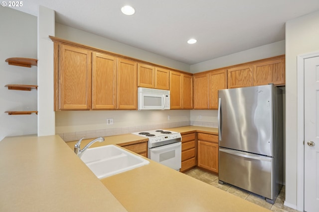 6538 NE Forest Ln, Hillsboro, OR 97124 - kitchen with white appliances, light countertops, open shelves, recessed lighting, and light tile patterned flooring