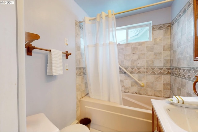 bathroom with vanity and shower / bathtub combination with curtain