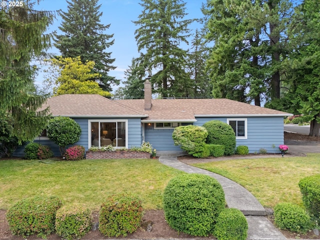 12405 SW Faircrest St, Portland, OR 97225 - ranch-style home featuring a front yard, roof with shingles, and a chimney