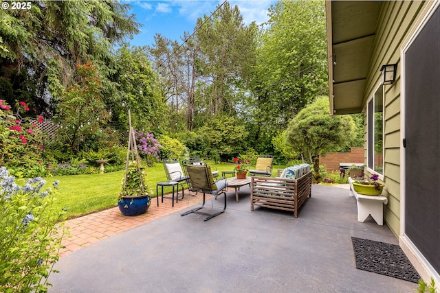 8836 SW 56th Ave, Portland, OR 97219 - view of patio / terrace featuring an outdoor living space and view of scattered trees