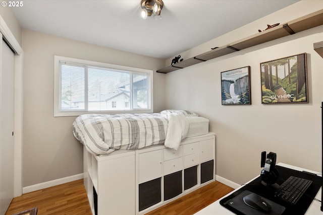 bedroom featuring wood-type flooring and a closet