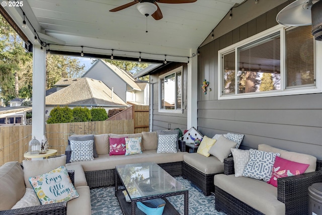 view of patio featuring ceiling fan and outdoor lounge area