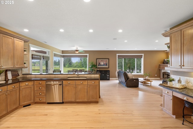 20905 NE 96th Ave, Battle Ground, WA 98604 - kitchen with open shelves, stainless steel dishwasher, light wood-type flooring, a peninsula, and recessed lighting