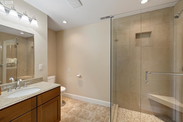 20905 NE 96th Ave, Battle Ground, WA 98604 - full bath featuring toilet, a shower stall, vanity, recessed lighting, and baseboards