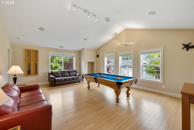 20905 NE 96th Ave, Battle Ground, WA 98604 - recreation room featuring billiards table, lofted ceiling, track lighting, light wood-type flooring, and baseboards