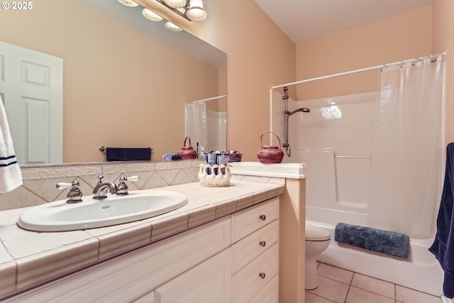 full bathroom with vanity, tile patterned floors, toilet, and shower / bathtub combination with curtain