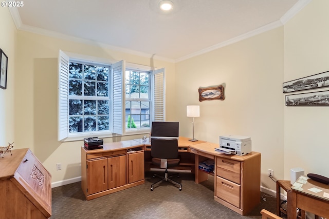 carpeted home office with crown molding