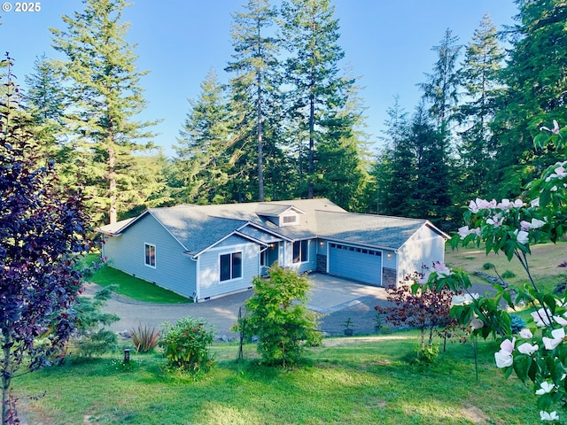 69857 Stage Rd, North Bend, OR 97459 - single story home with an attached garage, dirt driveway, and a front yard