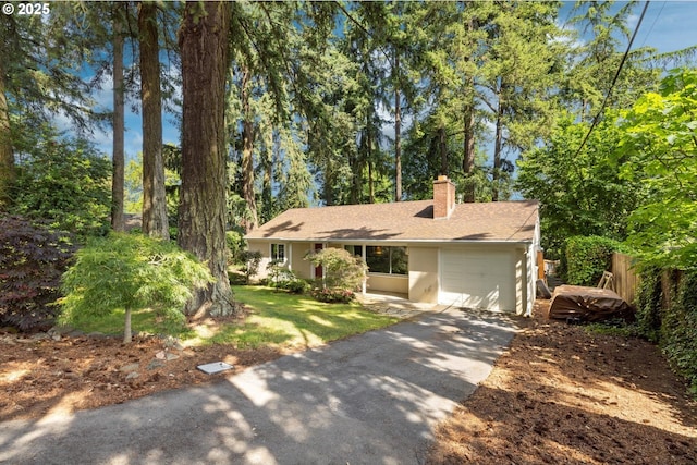 1725 Southshore Blvd, Lake Oswego, OR 97034 - ranch-style home featuring a chimney, a garage, driveway, a front yard, and roof with shingles