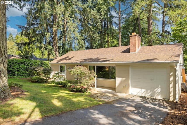 1725 Southshore Blvd, Lake Oswego, OR 97034 - ranch-style home with a chimney, driveway, a garage, a front lawn, and a shingled roof