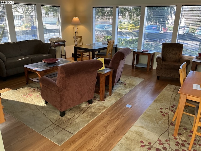 living room featuring a wealth of natural light and wood-type flooring