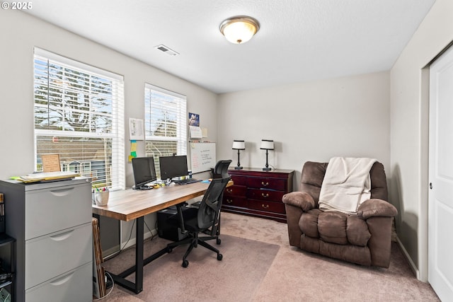 home office with light colored carpet