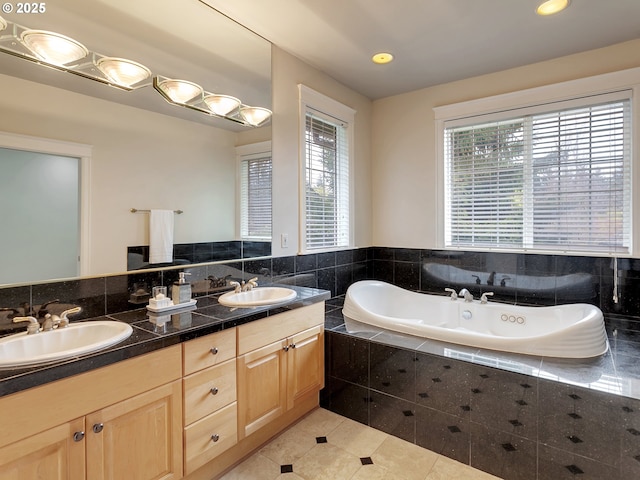 3808 Fairhaven Dr, West Linn, OR 97068 - bathroom with a bath, double vanity, tile patterned flooring, and recessed lighting