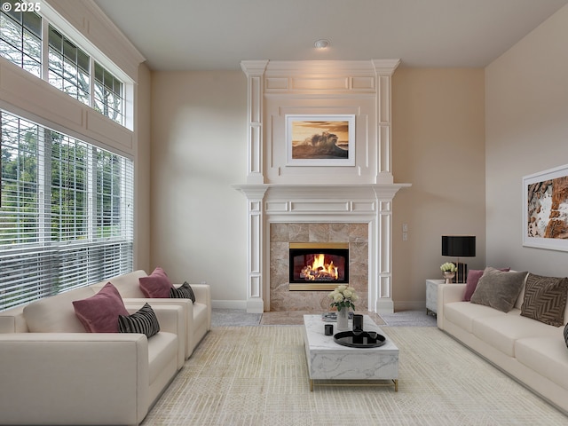 3808 Fairhaven Dr, West Linn, OR 97068 - living room featuring a high end fireplace, a high ceiling, and carpet flooring
