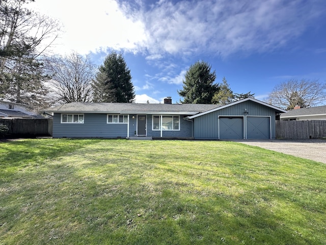 ranch-style house with a front lawn, dirt driveway, fence, a chimney, and an attached garage