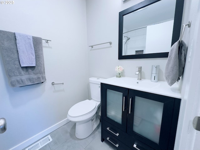 full bath with visible vents, walk in shower, baseboards, toilet, and vanity