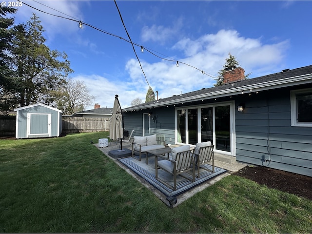 exterior space with an outdoor living space, a storage shed, an outdoor structure, and fence