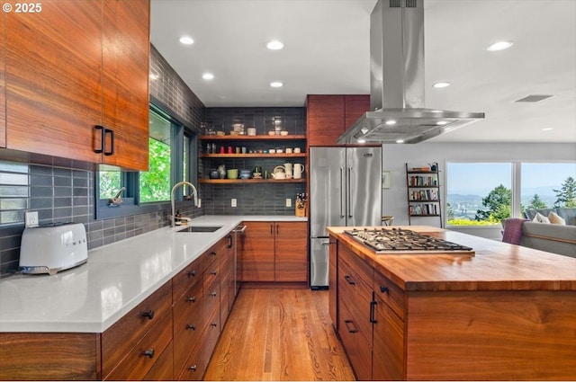2975 SW Canterbury Ln, Portland, OR 97205 - kitchen featuring island exhaust hood, a sink, appliances with stainless steel finishes, open shelves, and light wood-style flooring
