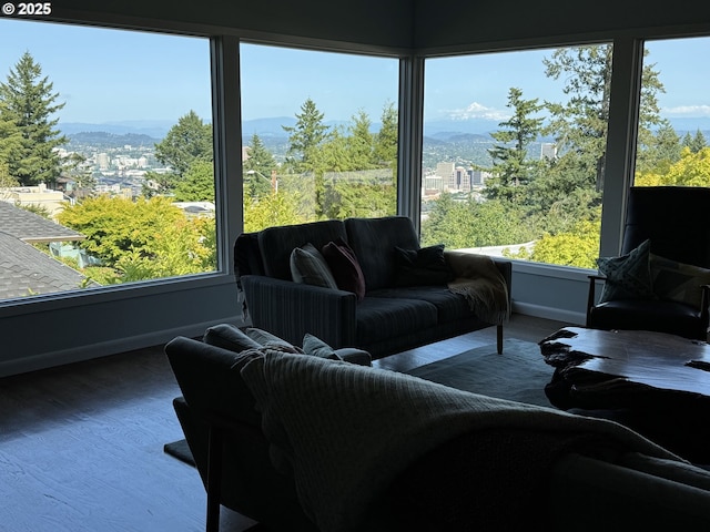 2975 SW Canterbury Ln, Portland, OR 97205 - living room with baseboards, wood finished floors, and a mountain view