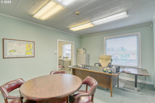 carpeted home office with ornamental molding