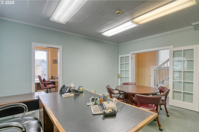 home office featuring crown molding and carpet flooring