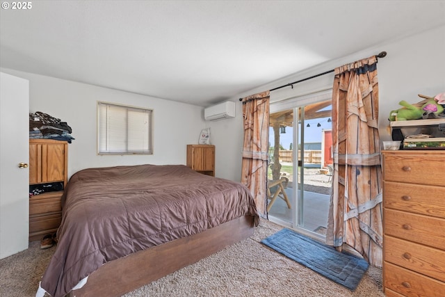 carpeted bedroom featuring an AC wall unit and access to outside