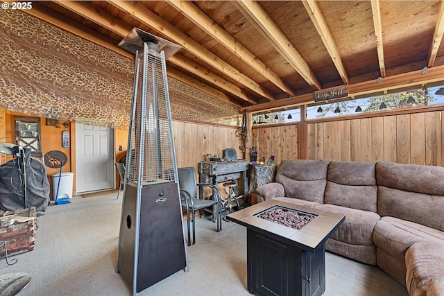 living area with wood walls and carpet