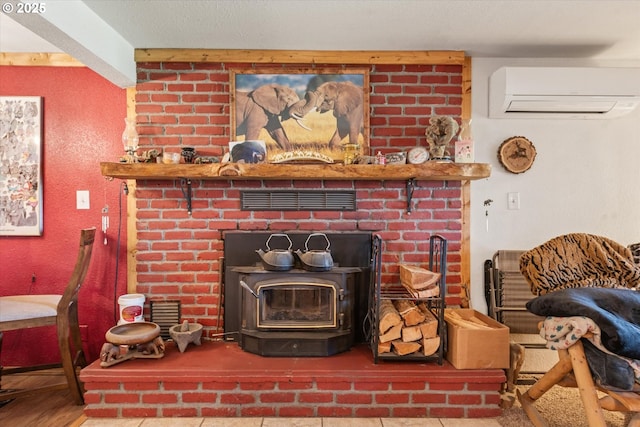 detailed view of an AC wall unit, a wood stove, and wood finished floors