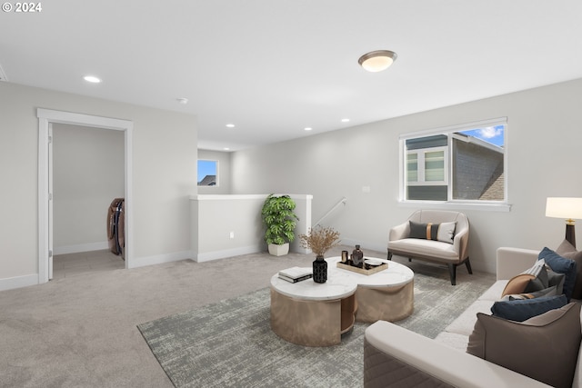 living room with light colored carpet and washer / clothes dryer