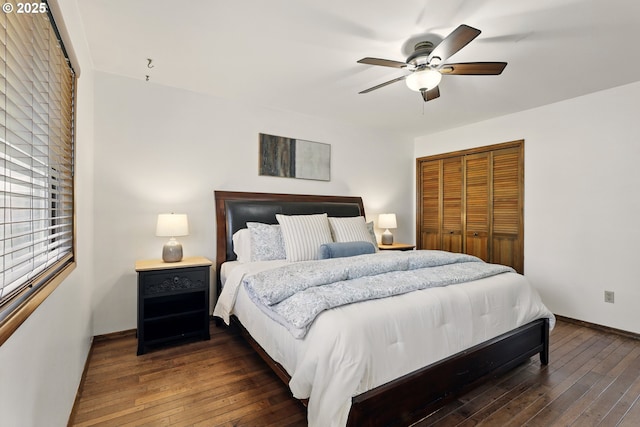 18735 NE Wasco Ct, Portland, OR 97230 - bedroom with dark wood-style floors, a closet, baseboards, and ceiling fan