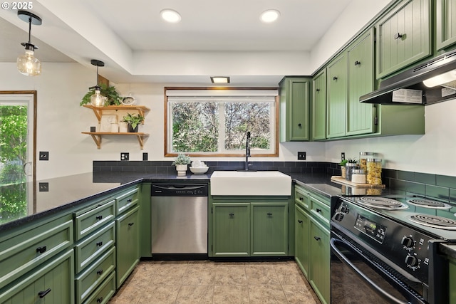 18735 NE Wasco Ct, Portland, OR 97230 - kitchen with green cabinets, stainless steel dishwasher, black electric range, a sink, and under cabinet range hood