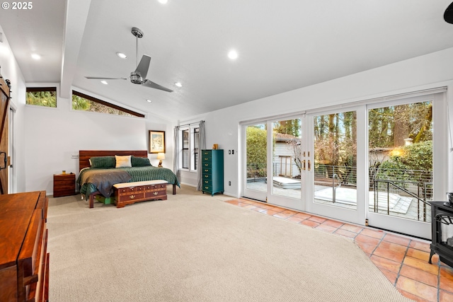 tiled bedroom featuring a wood stove, vaulted ceiling with beams, access to outside, carpet flooring, and recessed lighting