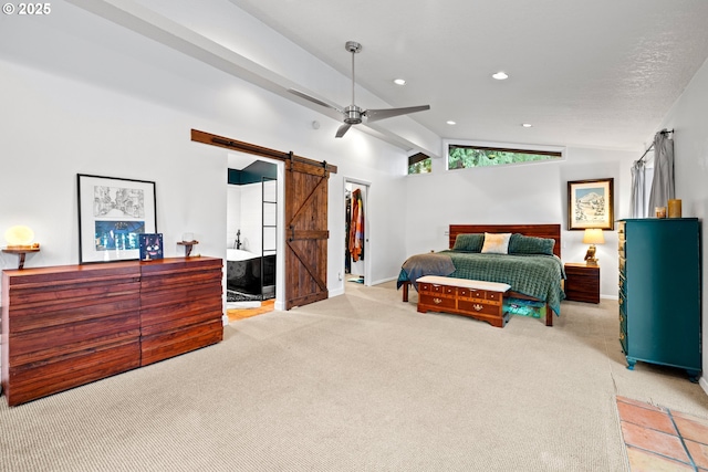 carpeted bedroom featuring lofted ceiling with beams, a barn door, recessed lighting, baseboards, and a spacious closet