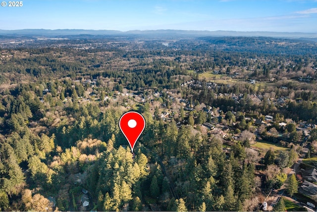 birds eye view of property featuring a mountain view and a view of trees