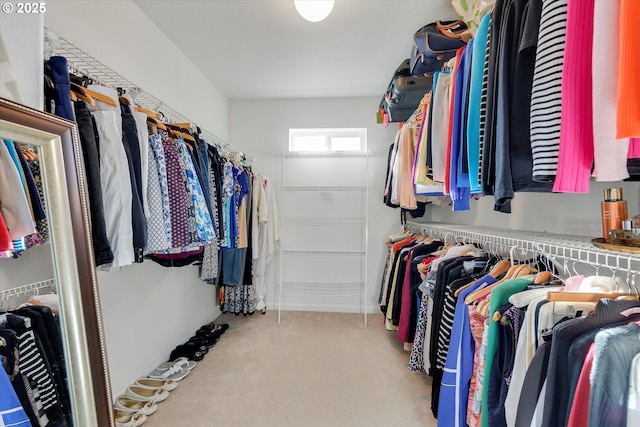 spacious closet featuring light colored carpet